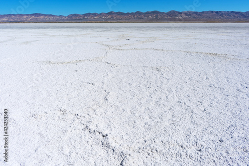 White salt flats of dry Soda Lake at Carrizo Plain National Monument in California with Temblor Range mountains on horizon on hot sunny day.