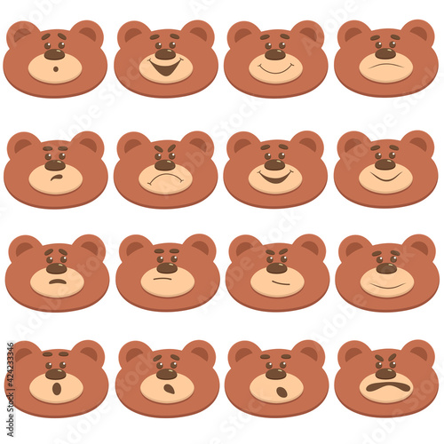 Set of cute cartoon bears with different facial expressions isolated on white background. Collection of animal emotions. Emoji. Vector illustration.
