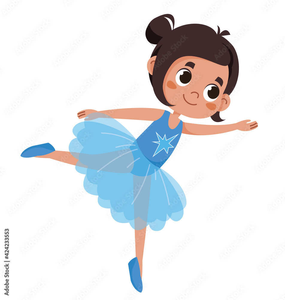 Cute fun ballerina dancing. The child is standing in a pose. girls ballet friends illustration cover design in vector. Kid in a crown and a festive blue dress. Cute fun ballerina dancing. The child is standing in a pose. girls ballet friends illustration cover design in vector. Kid in a crown and a festive blue dress.