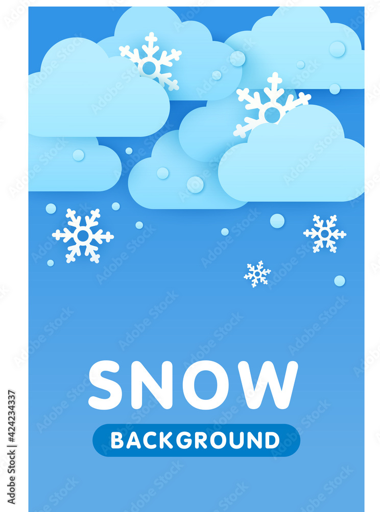 Naklejka premium Paper cut weather vertical poster concept. Place for your text. Weather forecast app widgets. Snow. Cartoon flat background for smartphone applications. Winter landscape. Weather forecast.