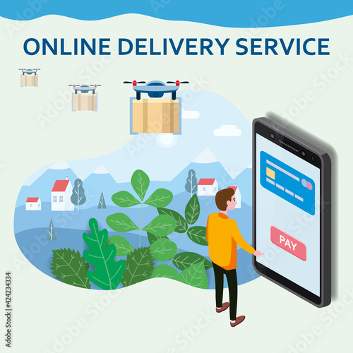Online Delivery Service drons template. Man buyer smartphone, shipping, delivery. E-commerce concept. Online goods order. Isolated vector