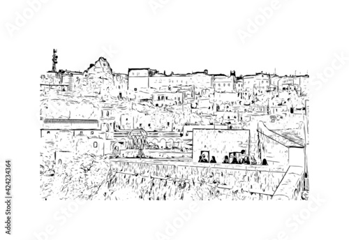Building view with landmark of Matera is the 
city in Italy. Hand drawn sketch illustration in vector.
