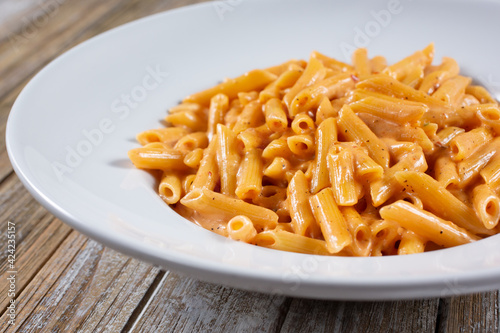 A view of a plate of chipotle penne pasta.