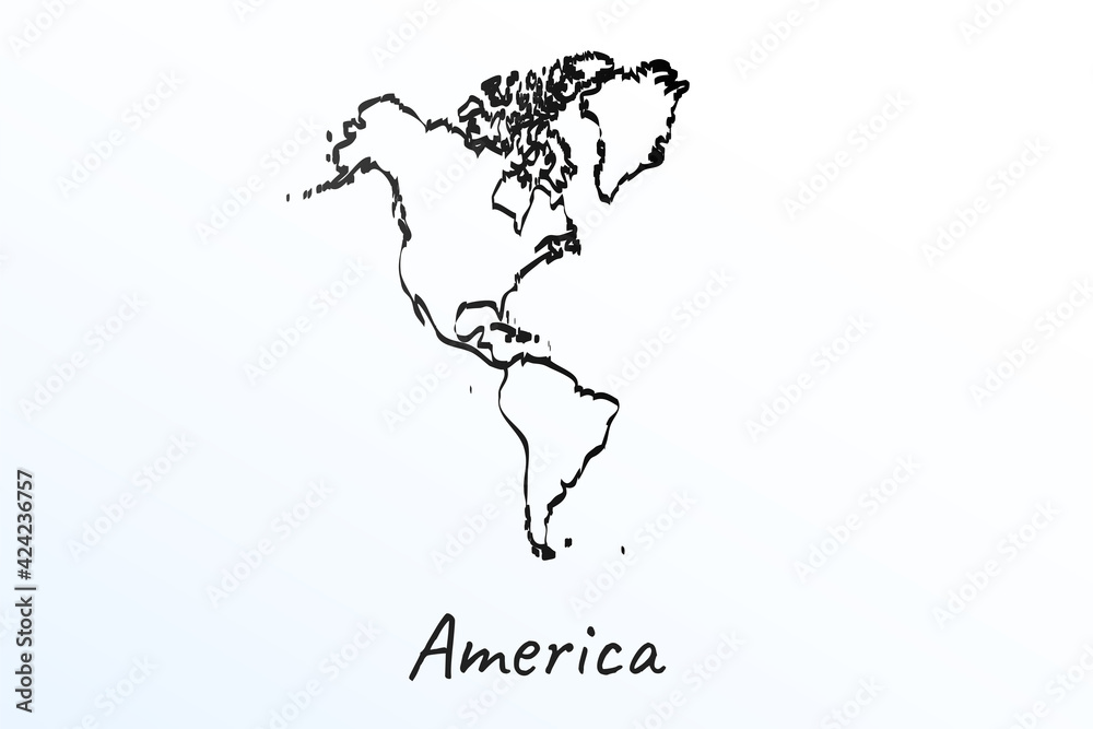 Hand draw map of Continent America, North and South America. Black line drawing sketch. outline doodle on white background. handwriting script name of the country. vector illustration
