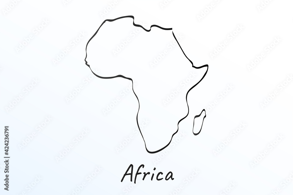 Hand draw map of Africa. Black line drawing sketch. outline doodle on white background. handwriting script name of the country. vector illustration