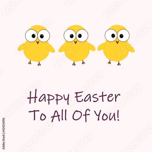 Obraz na płótnie Three cute baby chickens on pink background with text Happy Easter to all of you. Happy Easter postcard illutration. w salonie