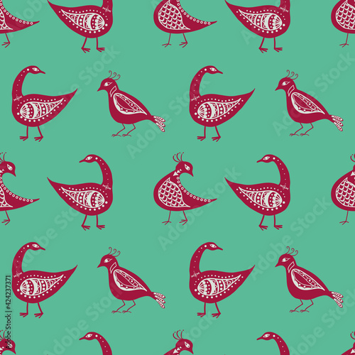 Stylized bird seamless vector pattern background. Mix of folk art and ancient Greece style types of pink birds on malachite green backdrop.Historical effect geometric duotone design. Wellbeing concept