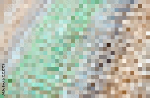 Abstract pattern, color combination, pixel effect. Squares in pastel turquoise green orange beige brown colors, shades and nuances. Warm ground background gamma, fashion trends in color combination.