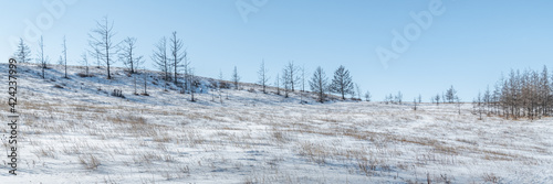 Panorama of the snow-covered Baikal steppe