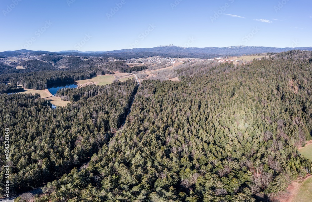 Bild einer Luftaufnahme mit einer Drohne des Dorf Riedelhütte Reichenberg bei Grafenau im bayerischen Wald mit Bergen Arber Rachel Lusen und Landschaft, Deutschland