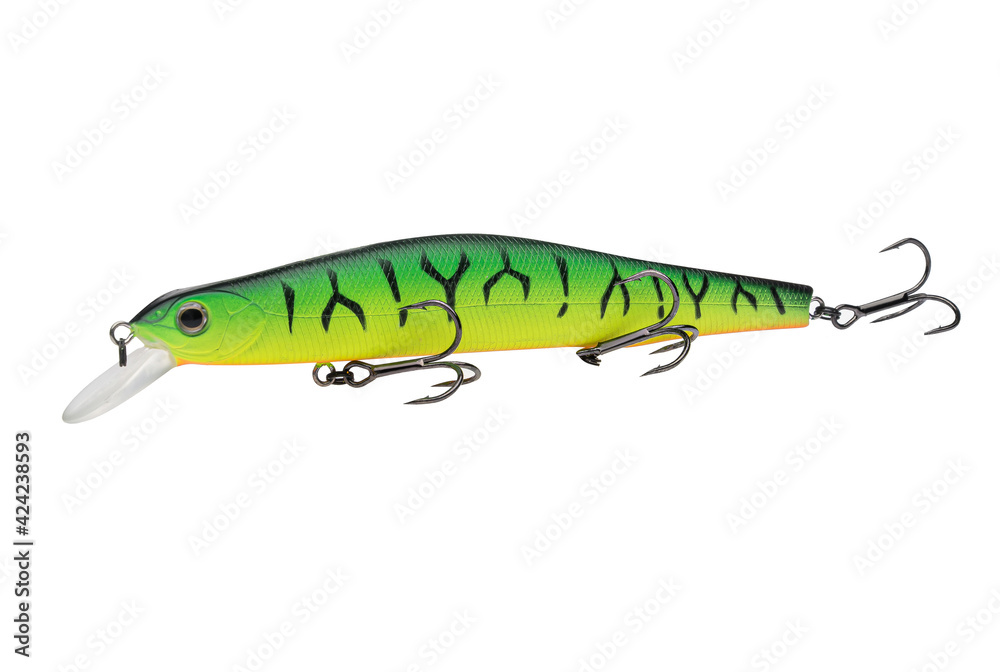 Wobbler with hooks for fishing as bait for fish, which is used for spinning. Fishing tackle for a fisherman. Wobbler with hooks for fishing as bait for fish, which is used for spinning. Fishing tackle for a fisherman.