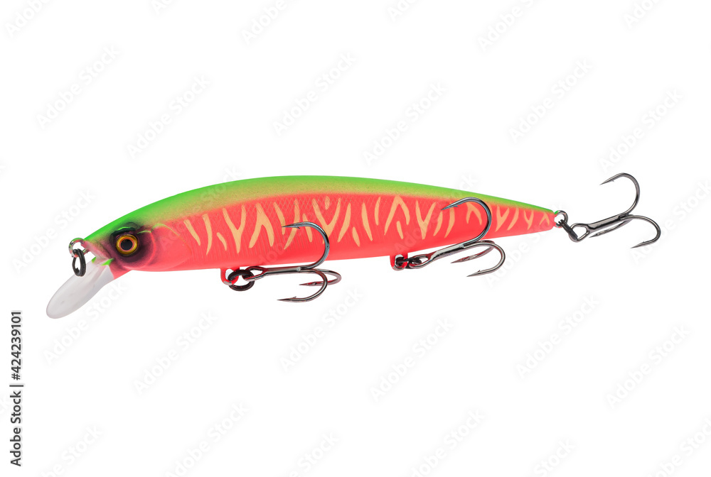 Wobbler with hooks for fishing as bait for fish, which is used for spinning. Fishing tackle for a fisherman. Wobbler with hooks for fishing as bait for fish, which is used for spinning. Fishing tackle for a fisherman.