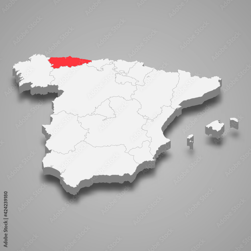 Asturias region location within Spain 3d map