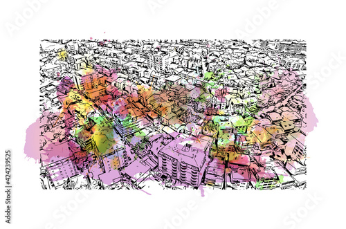 Building view with landmark of Pristina is the capital of Kosovo and the seat of the eponymous municipality and district. Watercolour splash with hand drawn sketch illustration in vector.
