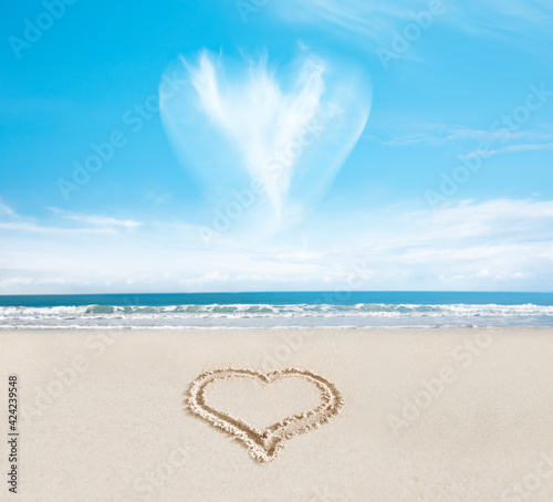 Wolkenherz über einem Herz im Sand am Strand