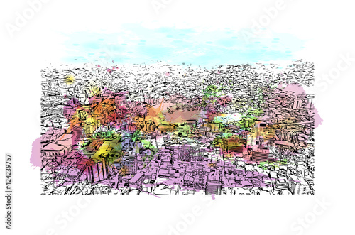 Building view with landmark of Pristina is the capital of Kosovo and the seat of the eponymous municipality and district. Watercolour splash with hand drawn sketch illustration in vector.