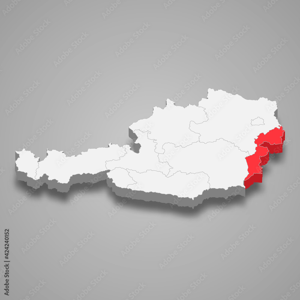 Burgenland region location within Austria 3d map Burgenland region location within Austria 3d map