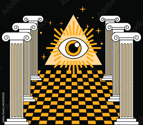 Surreal vaporwave landscape with a checkerboard floor, ancient columns and the all-seeing eye in a triangle. Trendy occult psychedelic style illustration.