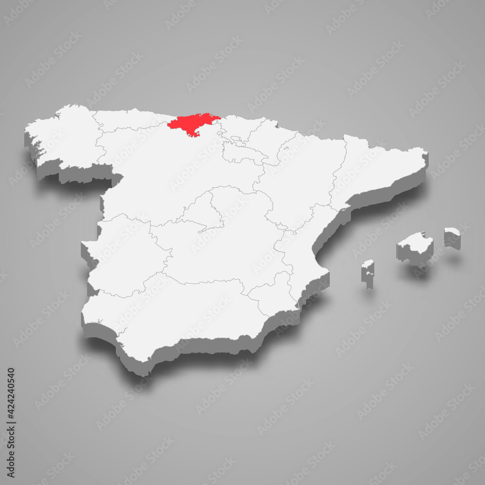 Cantabria region location within Spain 3d map