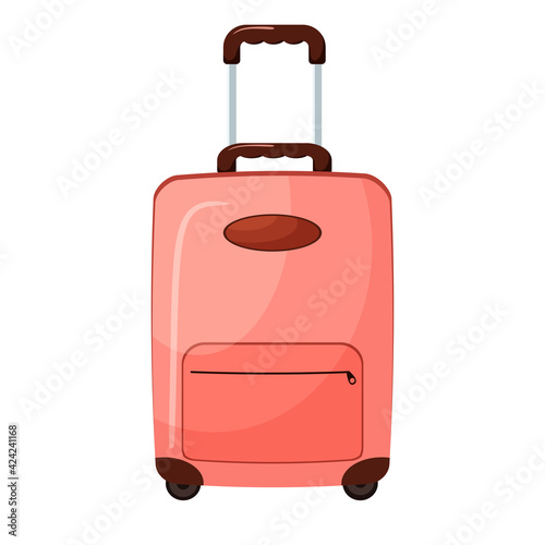 Red cartoon suitcase with a pocket. Travel baggage in cartoon style. Vector illustration of travel bag. Isolated on white background
