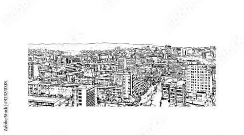 Building view with landmark of Pristina is the capital of Kosovo and the seat of the eponymous municipality and district. Hand drawn sketch illustration in vector.