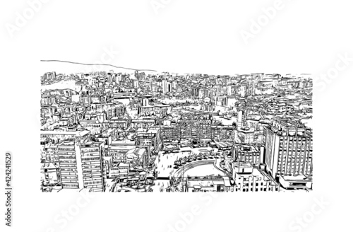 Building view with landmark of Pristina is the capital of Kosovo and the seat of the eponymous municipality and district. Hand drawn sketch illustration in vector.