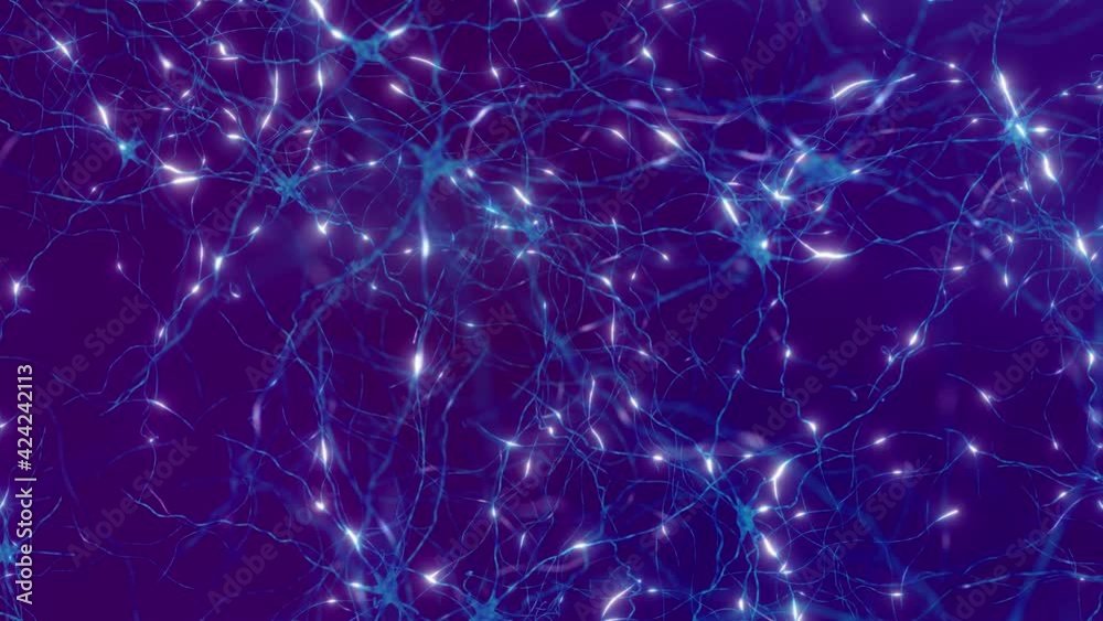 Camera moving through human brain nerve cells(neurons). Animation of neuronal firing - neurons communicating via electrical signals and neurotransmitters.