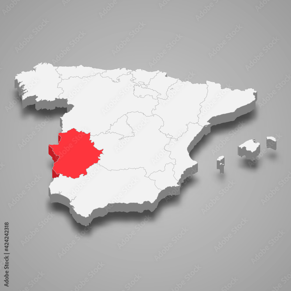 Extremadura region location within Spain 3d map