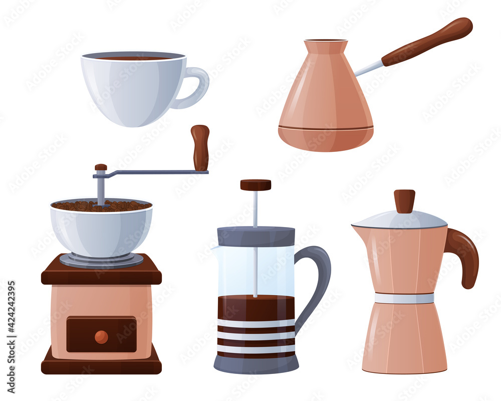 Vector set of elements for making coffee. Coffee collection in cartoon style. Isolated on a white background. Manual coffee grinder, classic, geyser coffee maker, french press, cezva
Vector set of elements for making coffee. Coffee collection in cartoon style. Isolated on a white background. Manual coffee grinder, classic, geyser coffee maker, french press, cezva