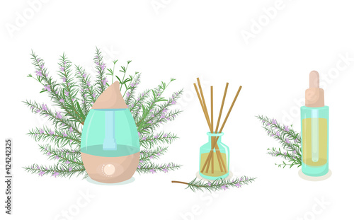 vector illustration of a humidifier diffuser, a fragrance with wooden sticks, and an aromatic oil with rosemary sprigs in the background. The concept of aromatherapy and healthy lifestyle
