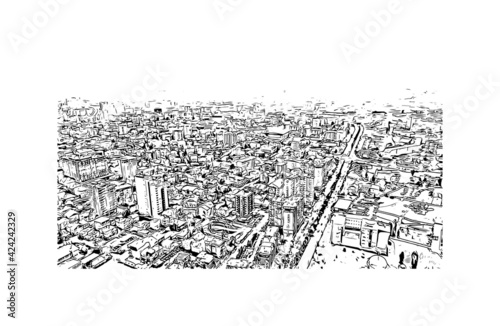 Building view with landmark of Pristina is the capital of Kosovo and the seat of the eponymous municipality and district. Hand drawn sketch illustration in vector.