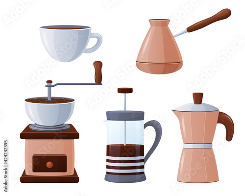 Vector set of elements for making coffee. Coffee collection in cartoon style. Isolated on a white background. Manual coffee grinder, classic, geyser coffee maker, french press, cezva 
