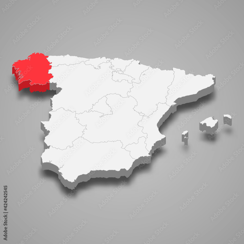 Galicia region location within Spain 3d map