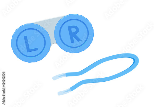 Container blue for contact lenses. Tweezers. Vector illustration set for the care of contact lenses in cartoon style. Isolated on a white background.
