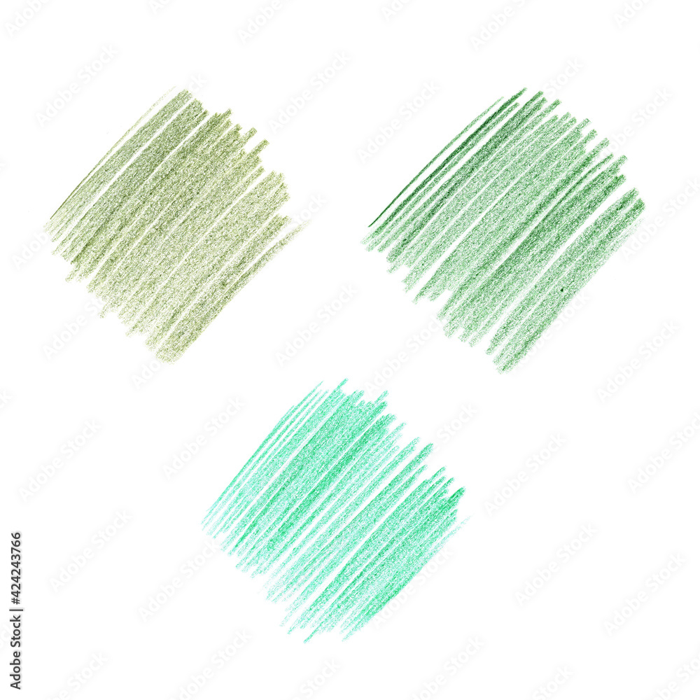 Set of three green color pencil stains isolated on white background, design element Set of three green color pencil stains isolated on white background, design element