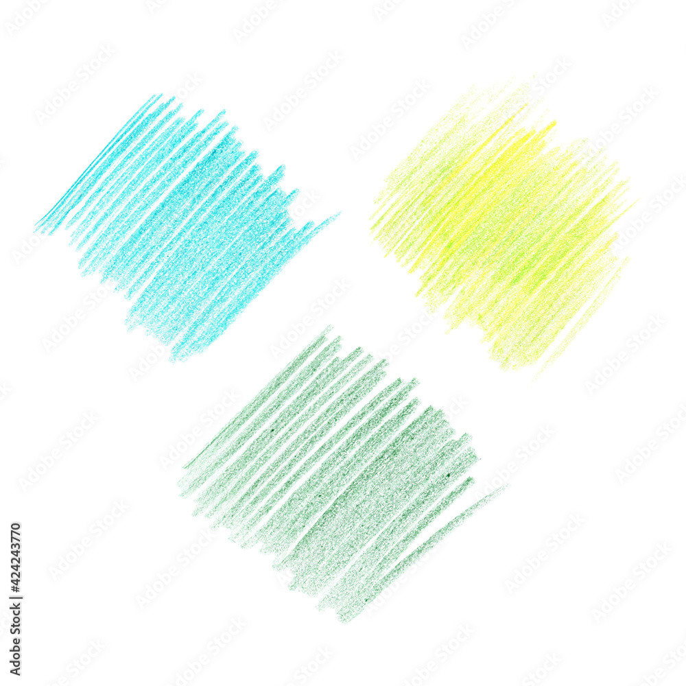 Set of three green blue yellow color pencil stains isolated on white background, design element