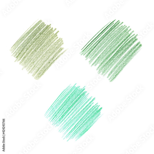 Set of three green color pencil stains isolated on white background, design element
