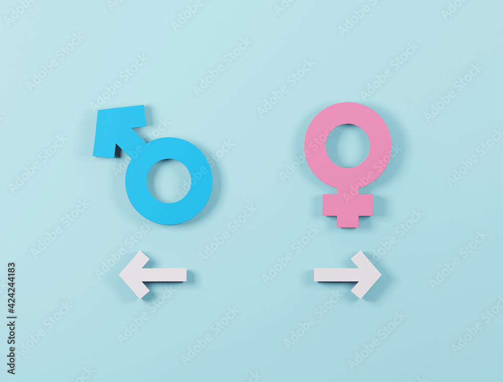 Gender symbol on blue background. Male and female 3d icon. 3d rendering. Gender symbol on blue background. Male and female 3d icon. 3d rendering.