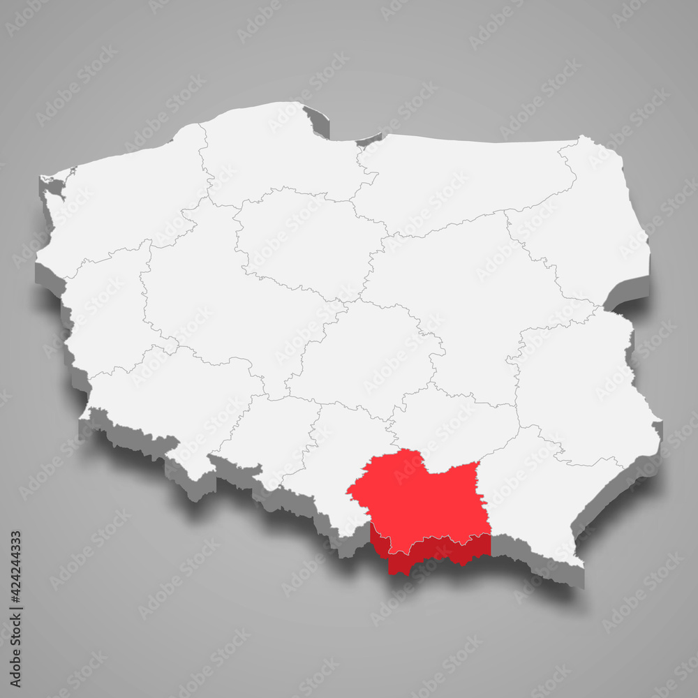 Lesser Poland region location within Poland 3d map Lesser Poland region location within Poland 3d map