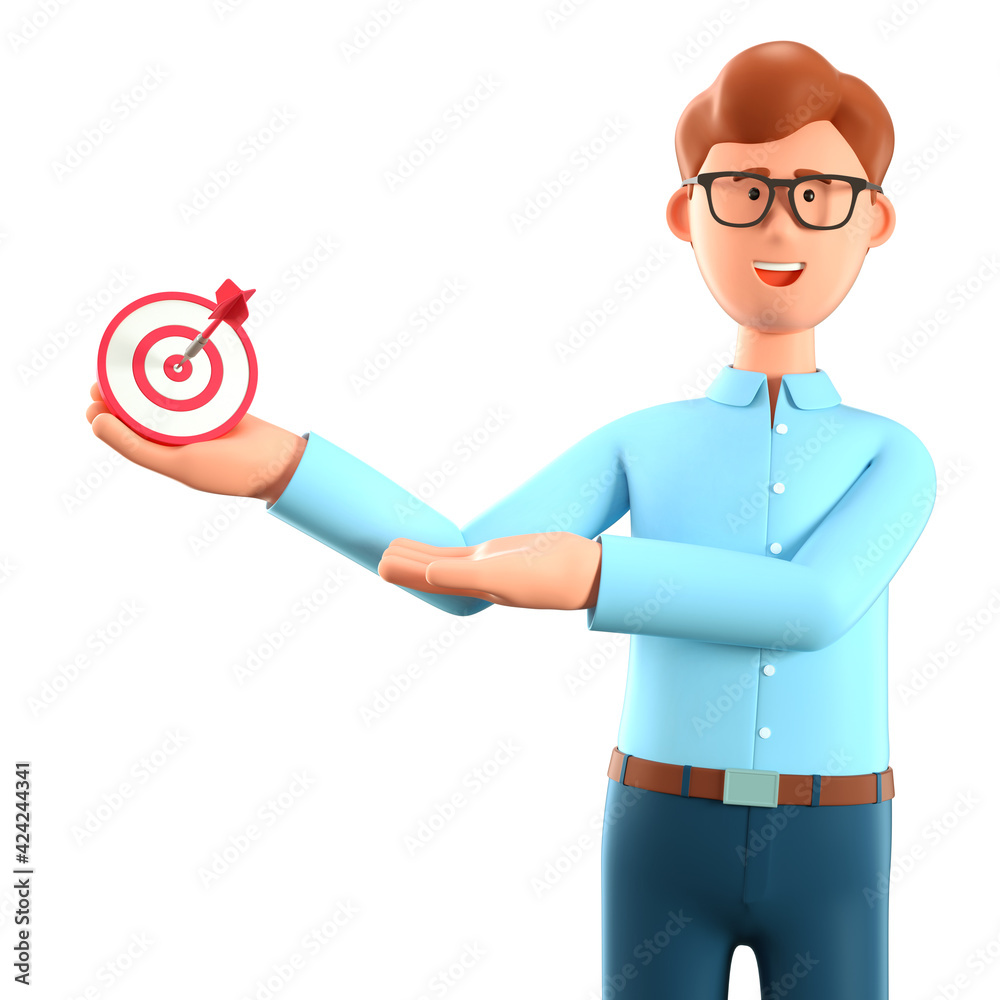 Φωτογραφία 3D illustration of joyful man holding a modern target with a dart in the center and showing arrow in bullseye