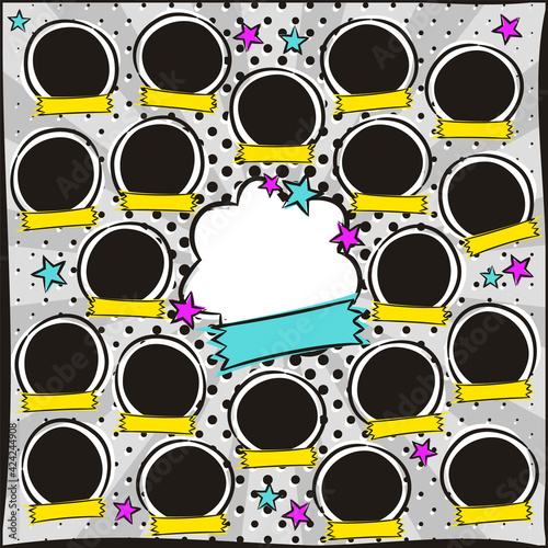 Photo frame for group photos of children in pop art style. A photo album for a graduating class or community. Vector Template for the design of frames for Kindergarten, photographs, posters, cards.