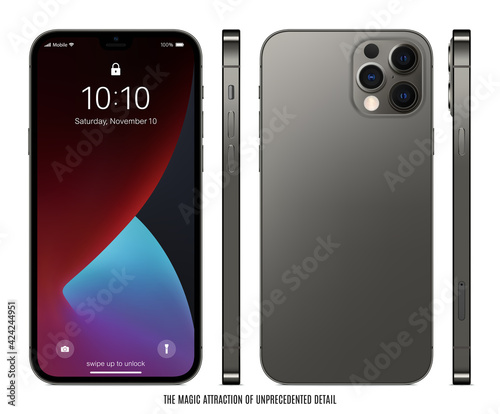 smartphone frameless grey color with colorful screen saver front, back and side view isolated on white background. mockup of realistic and detailed new mobile phone. stock vector illustration