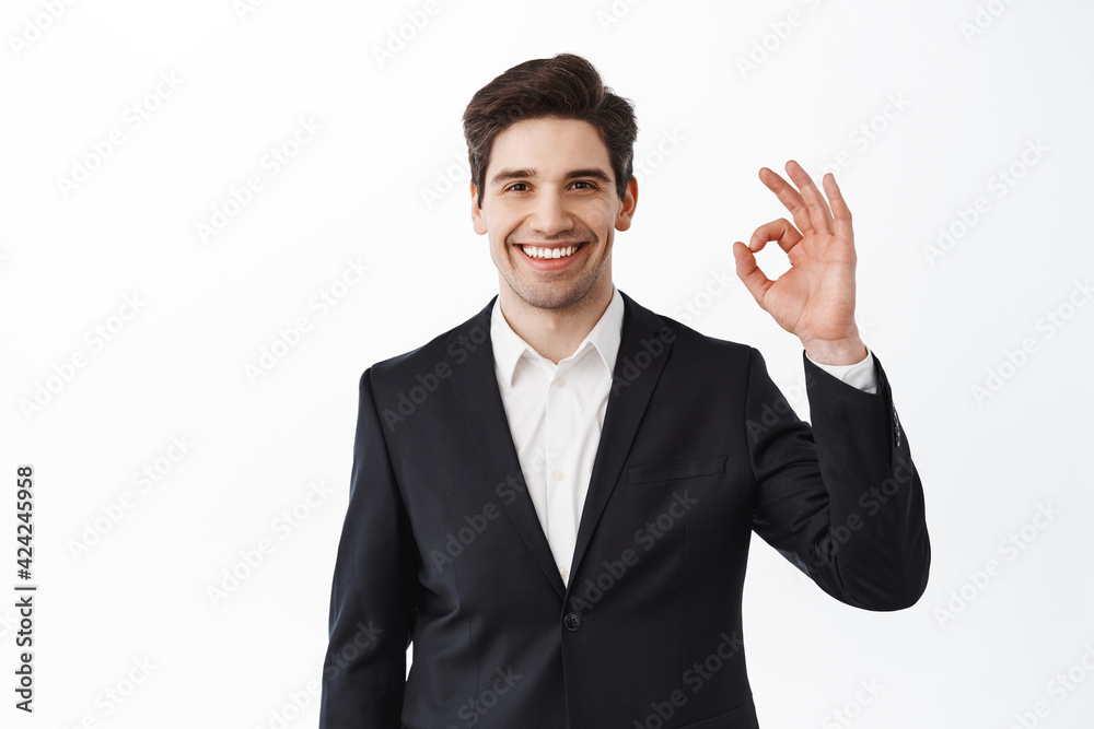 Handsome groom showing okay sign. Businessman in black suit make OK gesture and smiling satisfied, praise good job, well done, excellent gesture, white background Handsome groom showing okay sign. Businessman in black suit make OK gesture and smiling satisfied, praise good job, well done, excellent gesture, white background