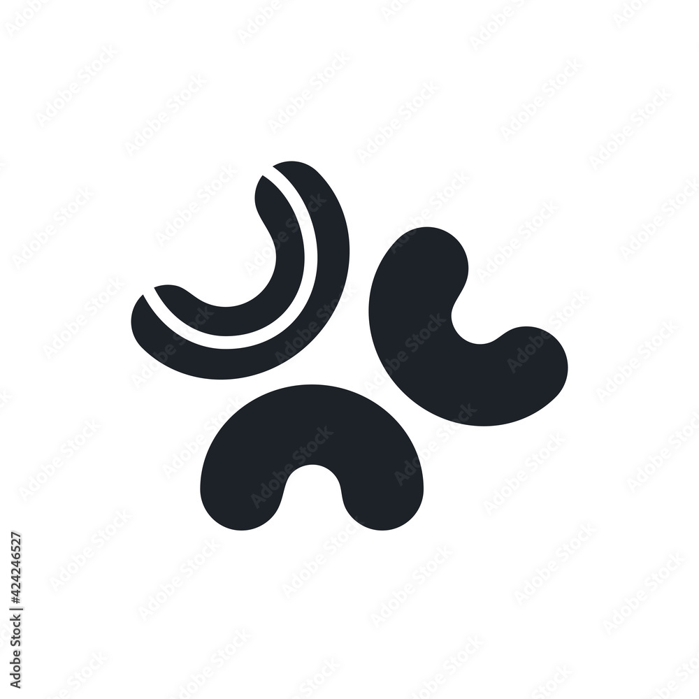 Cashew icon. Black isolated silhouette of nuts. Fill solid icon. Modern design. Vector illustration. Healthy food and vitamins Cashew icon. Black isolated silhouette of nuts. Fill solid icon. Modern design. Vector illustration. Healthy food and vitamins