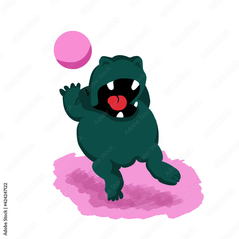 Vector drawing of a little hippopotamus playing with a pink ball. Design for kids prints or another children's goods. Vector drawing of a little hippopotamus playing with a pink ball. Design for kids prints or another children's goods.