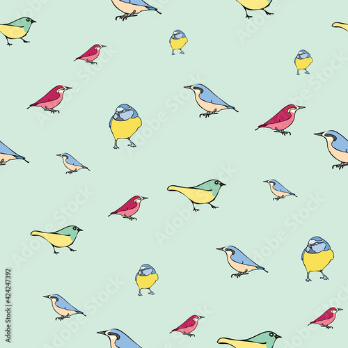 Vector pastel orange background blue red birds seamless pattern. Blue tit, Purple Finch, Seamless pattern background