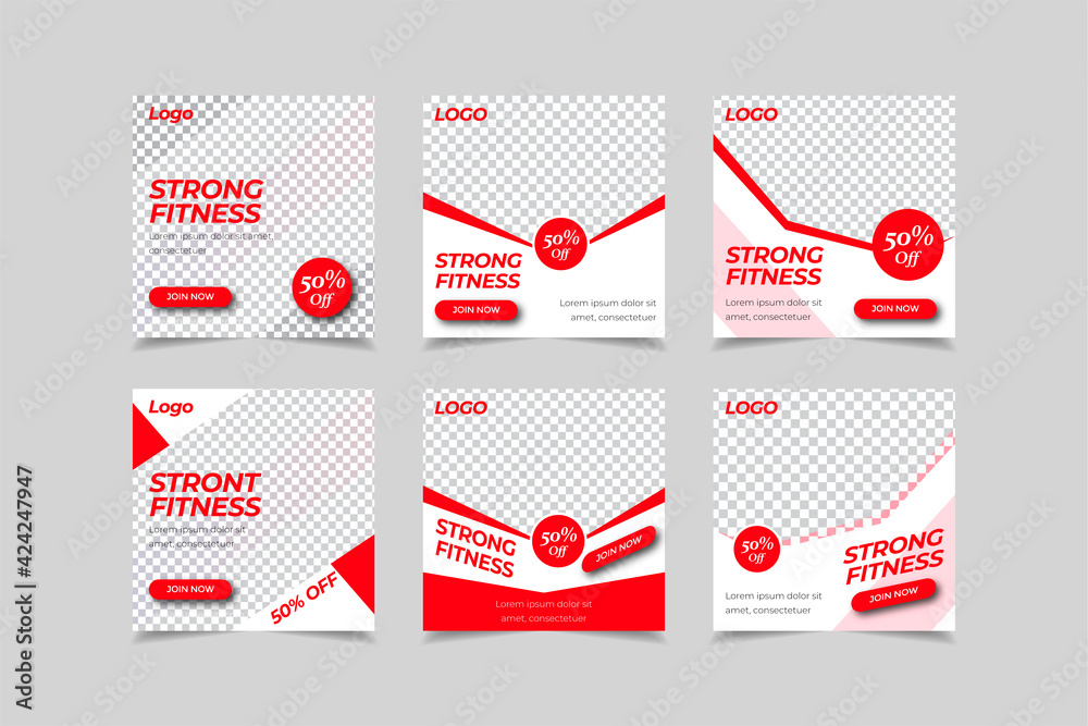 Strong fitness social media post template set, GYM / Fitness Banner template with red and white shapes. 