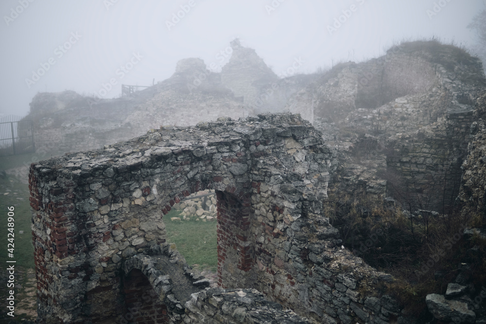 castle ruins covered in fog