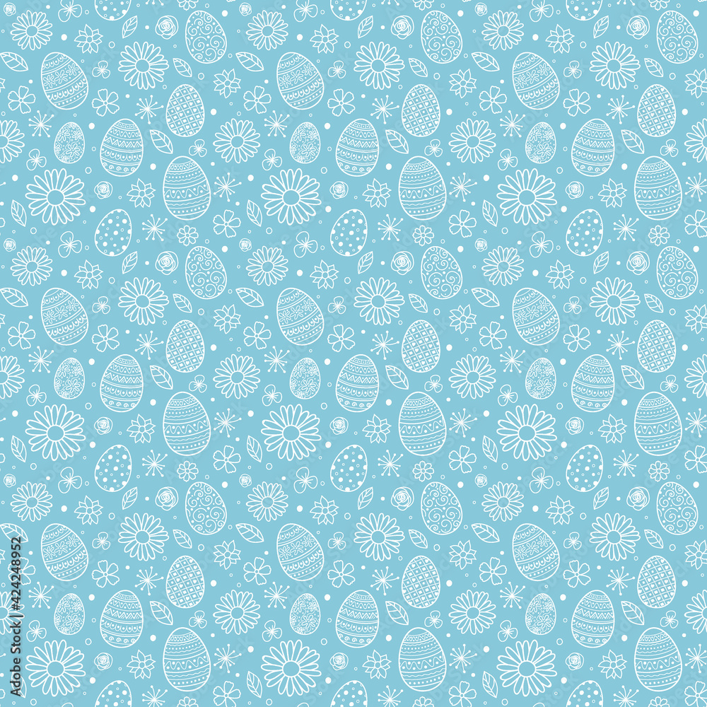 Seamless texture with hand drawn Easter eggs and flowers. Vector