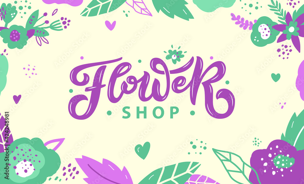 Vector floral hand drawn text for logo, flower shop, market, advertising, gardening florist, delivery, outdoor sign, sale. Modern brush lettering. Decorated with plants, leaves, wildflowers
